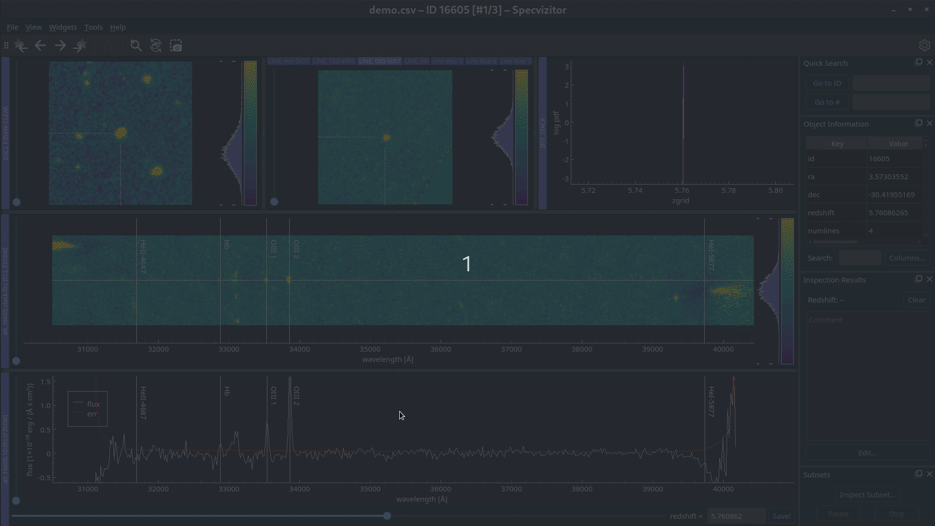 Specvizitor GUI showcase, browsing a sample of spectroscopic observations